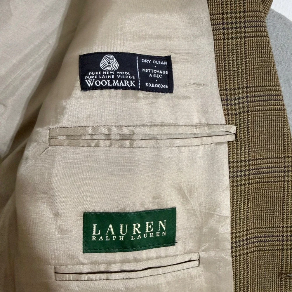 Lauren Ralph Lauren 100% Wool Glen Plaid‎ Blazer Brown Sport Coat Canada Made *